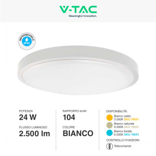 VT-8624S Plafoniera LED Rotonda 24W SMD IP44 Colore Bianco V-Tac