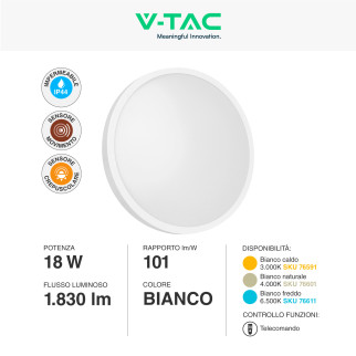 VT-8630 Plafoniera LED Rotonda 18W SMD IP44 Colore Bianco V-Tac