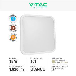 VT-8630 Plafoniera LED Quadrata 18W SMD IP44 Colore Bianco V-Tac