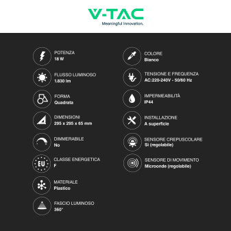 VT-8630 Plafoniera LED Quadrata 18W SMD IP44 Colore Bianco V-Tac