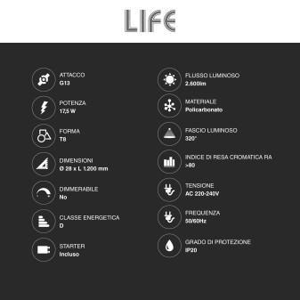 Tubo LED SMD 17,5W G13 Lampadina 120cm con Starter Life