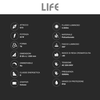 Tubo LED SMD 22W G13 Lampadina 150cm con Starter Life