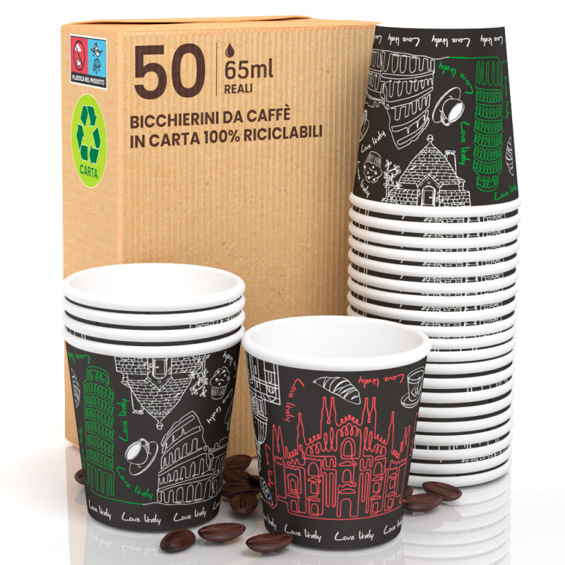 50 Bicchierini da Caffè in Carta Bio Italy Black da 65ml