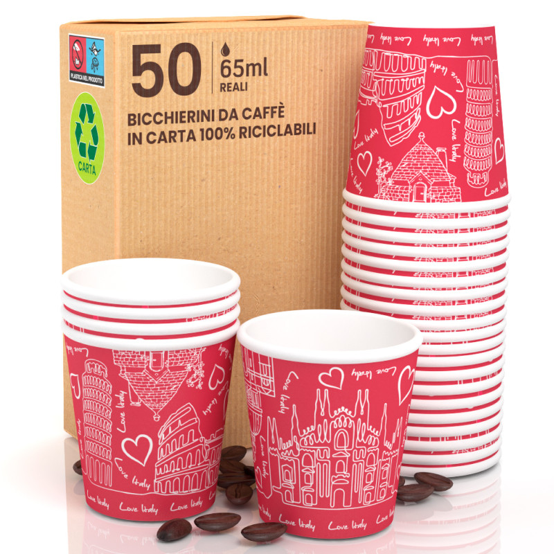 50 Bicchierini da Caffè in Carta Bio Italy Red da 65ml