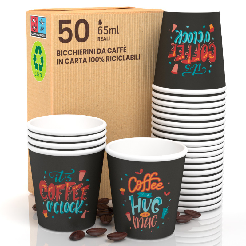 50 Bicchierini da Caffè in Carta Bio Coffee O'Clock da 65ml