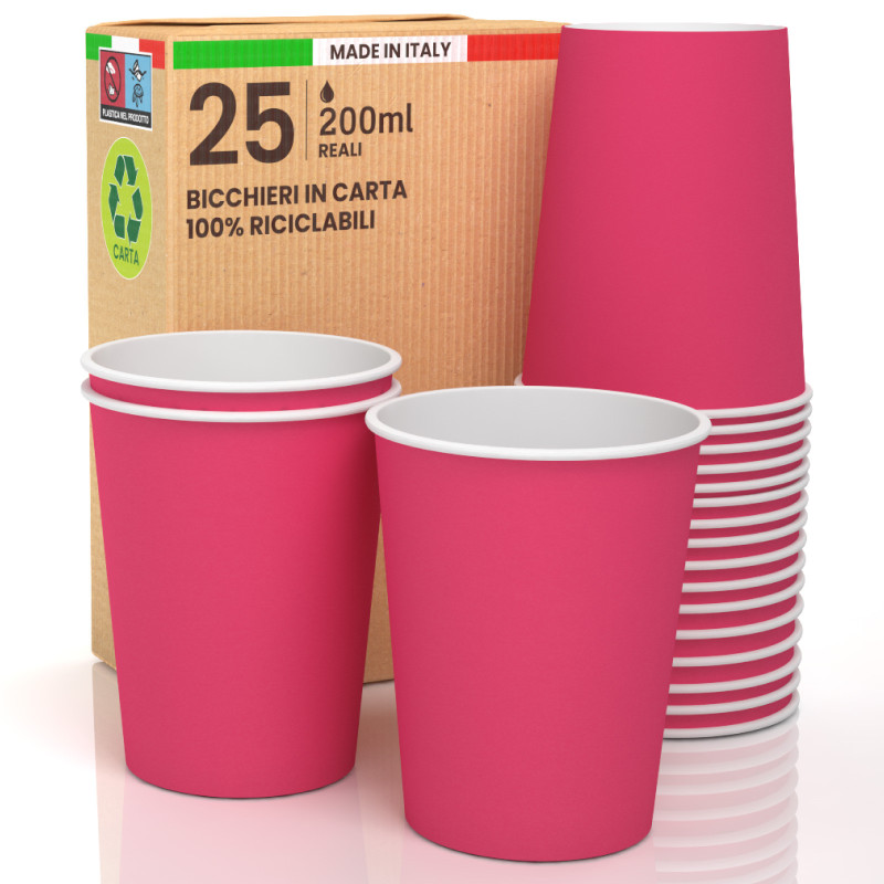 25 Bicchieri in Carta Biodegradabile Fucsia da 200ml