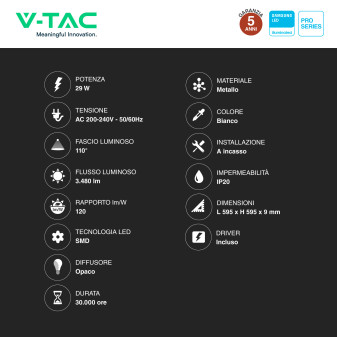VT-629-1 6 Pannelli LED Quadrati 29W SMD Samsung V-Tac Pro
