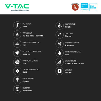 VT-629-1 Pannello LED Quadrato 29W SMD Samsung V-Tac Pro