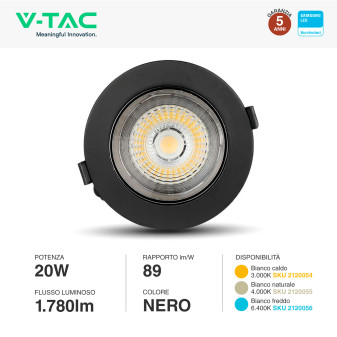 VT-2-23 Faretto LED 20W da Incasso COB Samsung V-Tac Pro