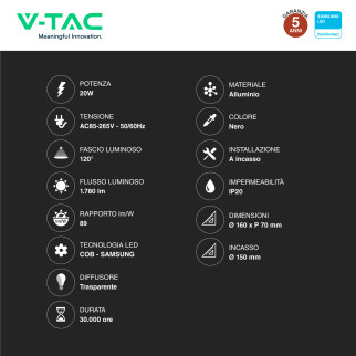 VT-2-23 Faretto LED 20W da Incasso COB Samsung V-Tac Pro