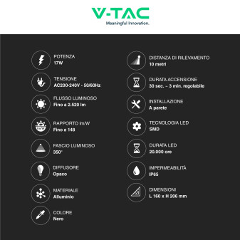 VT-11020S Lampada LED da Muro 17W IP65 Sensore PIR V-Tac