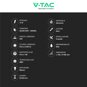VT-11020 Lampada LED da Muro 17W SMD IP65 Bianca V-Tac