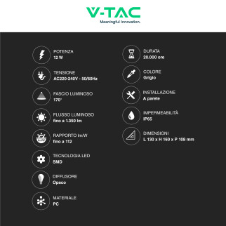 VT-822 Lampada LED Muro 12W SMD Applique Grigia IP65 V-Tac