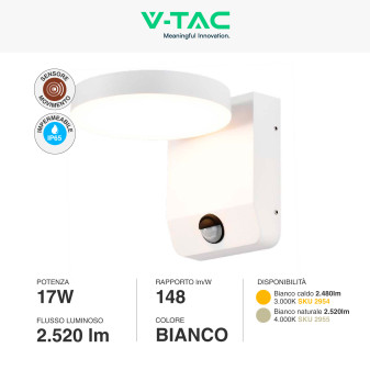 VT-11020S Lampada LED da Muro IP65 17W Sensore PIR V-Tac