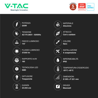 VT-9219 Lampada Industriale LED 200W SMD Mean Well V-Tac Pro