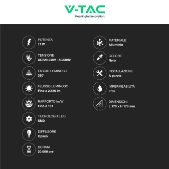 VT-11020 Lampada LED da Muro 17W SMD IP65 Nero V-Tac