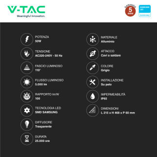 VT-50ST Lampada Stradale LED 50W IP65 SMD Samsung V-Tac