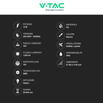 VT-8612 Plafoniera LED 12W SMD IP65 Bianca V-Tac