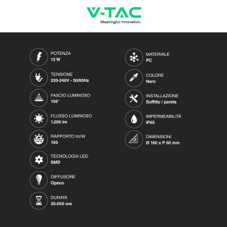 VT-8612 Plafoniera LED 12W SMD IP65 Nera V-Tac