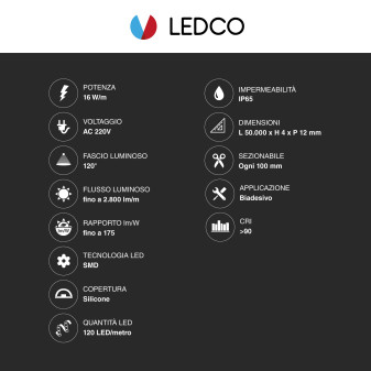 Striscia LED 800W Flessibile SMD 220V CRI90 IP65 50m LEDCO