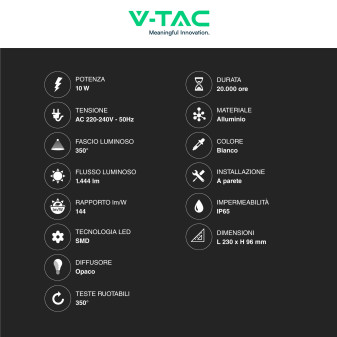 VT-814 Lampada LED da Muro 10W SMD IP65 Colore Bianco V-Tac