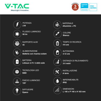VT-11022 Lampada LED Giardino 2W IP65 Sensore Pannello V-Tac