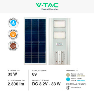 VT-20201ST Lampada Stradale 33W Pannello Solare IP65 V-Tac