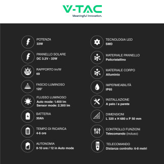 VT-20201ST Lampada Stradale 33W Pannello Solare IP65 V-Tac
