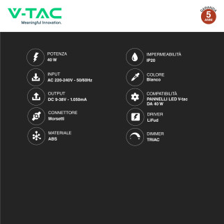 Driver Dimmerabile per Pannelli LED 40W V-Tac