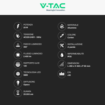 VT-11120 Lampada LED da Muro 20W CRI≥90 Colore Corten V-Tac