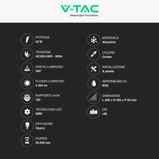 VT-11120 Lampada LED da Muro 20W CRI≥90 Colore Corten V-Tac
