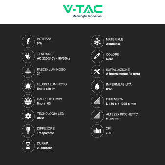 VT-11107 Lampada LED Giardino 6W CRI≥90 Colore Nero V-Tac