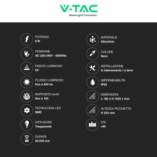VT-11107 Lampada LED Giardino 6W CRI≥90 Colore Nero V-Tac