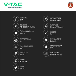 VT-7312 Lampada LED da Tavolo 20W Colore Nero V-Tac