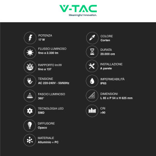 VT-11117 Lampada LED da Muro 17W IP65 CRI≥90 Corten V-Tac