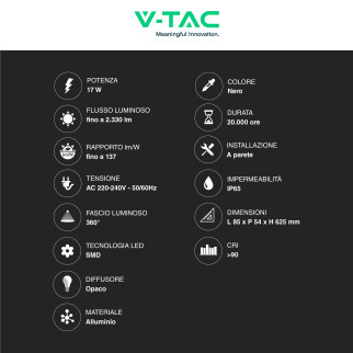 VT-11117 Lampada LED da Muro 17W IP65 CRI≥90 Nera V-Tac