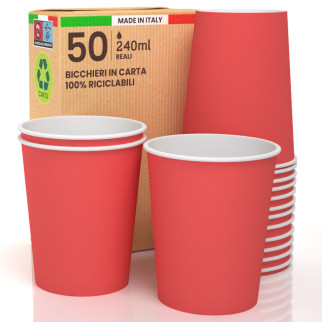 50 Bicchieri in Carta Biodegradabile Rosso da 240ml