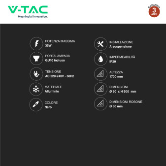 V-Tac VT-976 Lampadario e Portalampada Per GU10 in Alluminio Nero