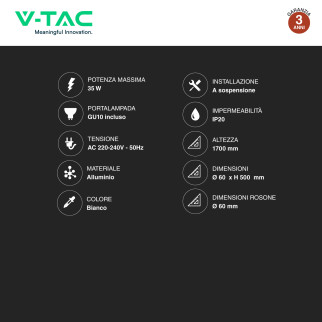 V-Tac VT-976 Lampadario con Portalampada Per GU10 Bianco