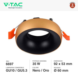 VT-980 Portafaretto Rotondo Oro e Nero per GU10 GU5.3 V-Tac