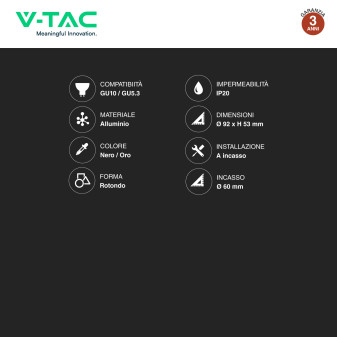 VT-980 Portafaretto Rotondo Oro e Nero per GU10 GU5.3 V-Tac