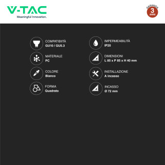Portafaretto Quadrato da Incasso GU10/GU5.3 V-Tac VT-932