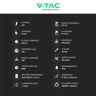 VT-7562 Lampada LED da Tavolo Touch Dimmerabile Corten V-Tac