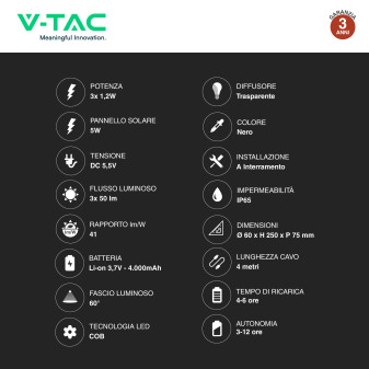 VT-11032 Lampada LED Giardino 3x1,2W IP65 con Pannello V-Tac