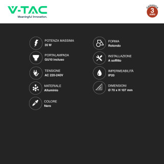 VT-802-B Portafaretto da Soffitto con Portalampada GU10 Nero V-Tac