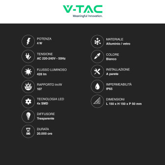 VT-704 Lampada LED da Muro 4W Bianca con 4 LED SMD IP65 V-Tac