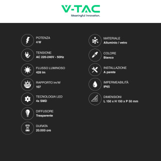 VT-704 Lampada LED da Muro 4W Bianca con 4 LED SMD IP65 V-Tac