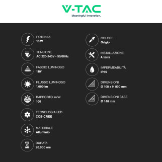 VT-820 Lampada LED Giardino 10W COB CREE Grigia IP65 V-Tac