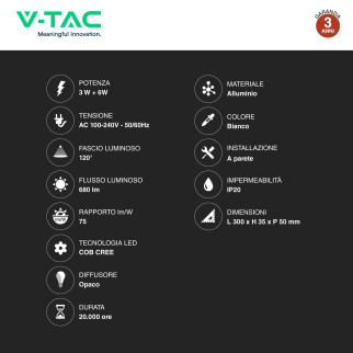 VT-2953 Lampada LED da Parete Doppia Sorgente 3W+6W LED V-Tac