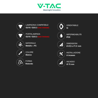 Portafaretto GU10 e GU5.3 (MR16) Bianco Orientabile V-Tac VT-429